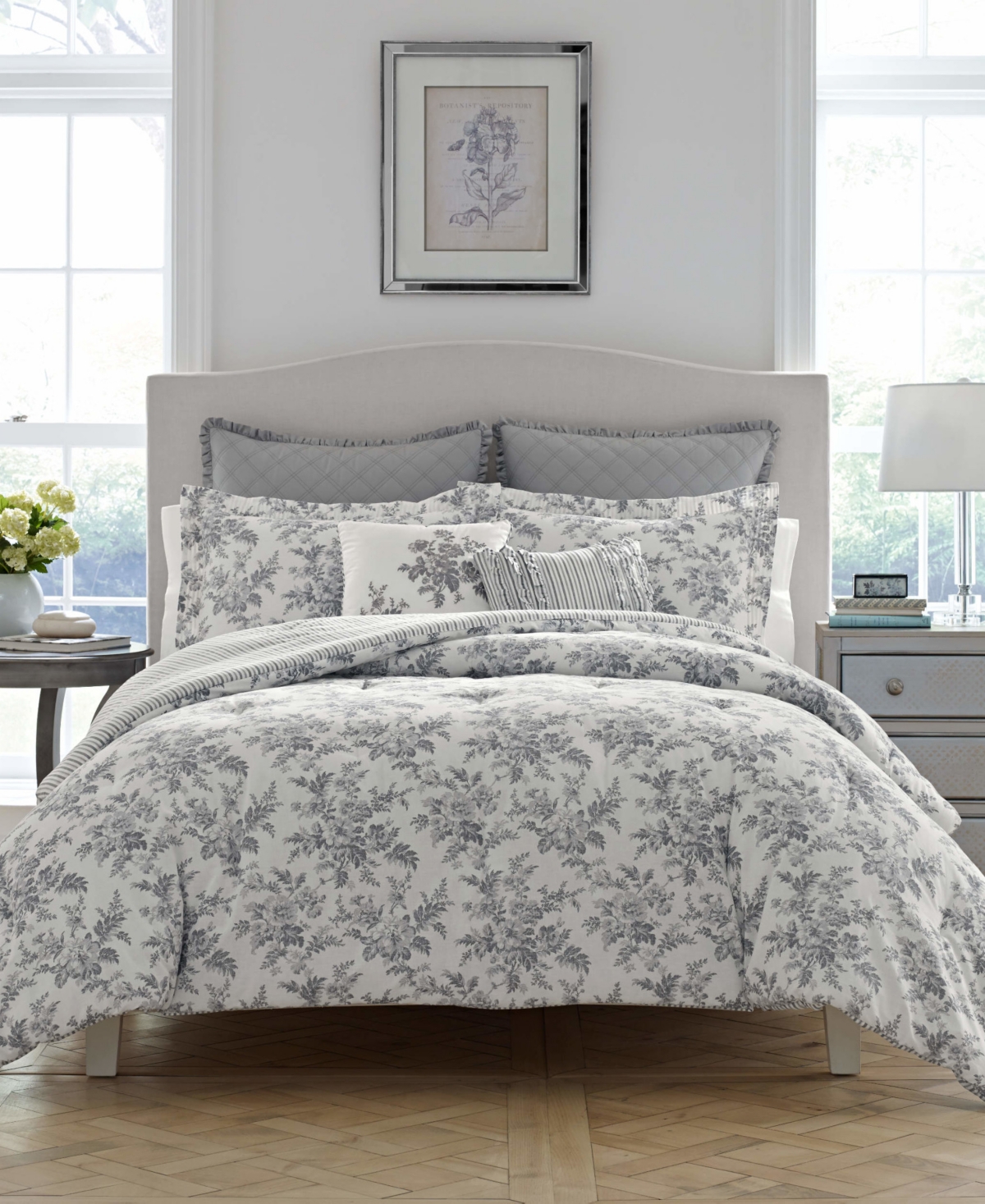 Laura Ashley Annalise Floral Cotton Reversible 7 Piece Duvet Cover Set, Full/queen In Shadow Gray