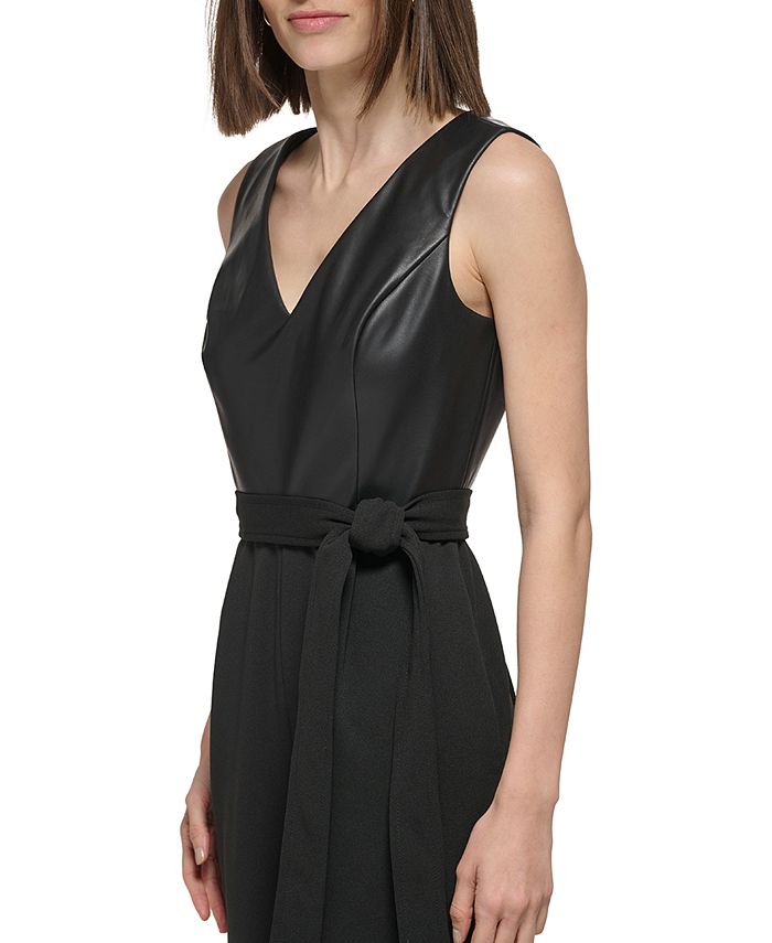 Calvin Klein Women's Faux-Leather-Top Belted Jumpsuit - Macy's