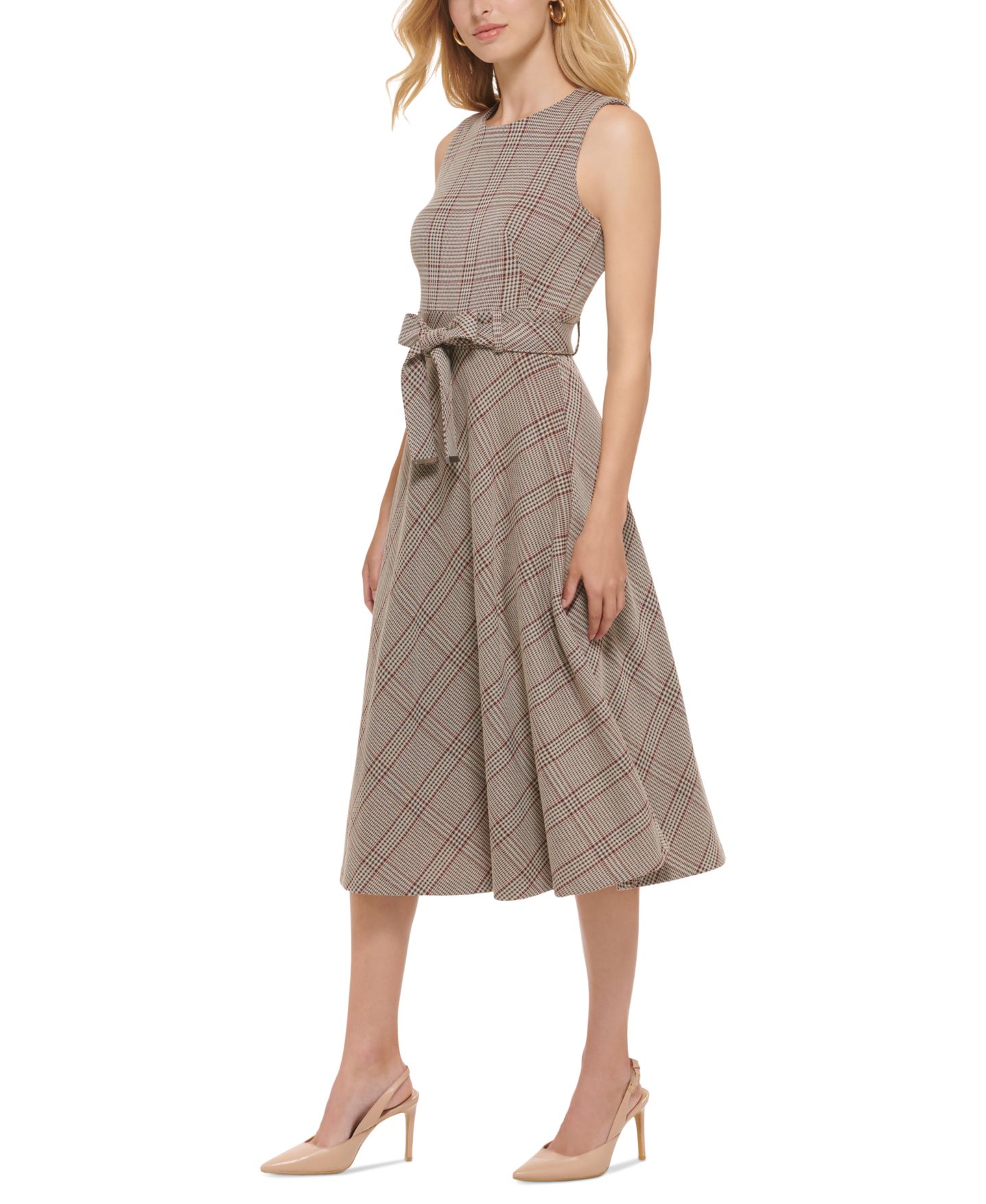 Женское платье Calvin Klein Menswear Plaid Belted Midi, цвет: Хаки / Красный разноцветный — фото 3