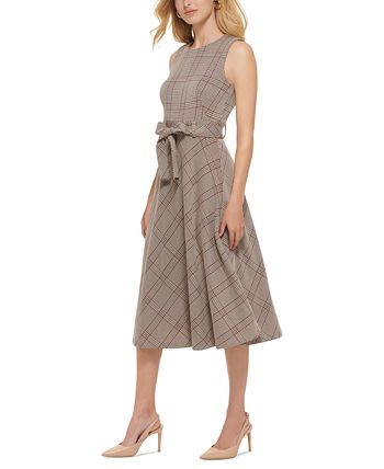 Petite Plaid Belted A-Line Midi Dress