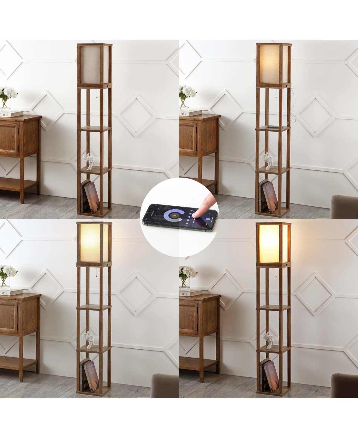 Etagere Rustic Bohemian Wooden Led 3-Shelf Floor Lamp with Pull-Chain, Usb Charging Port and Smart Bulb
