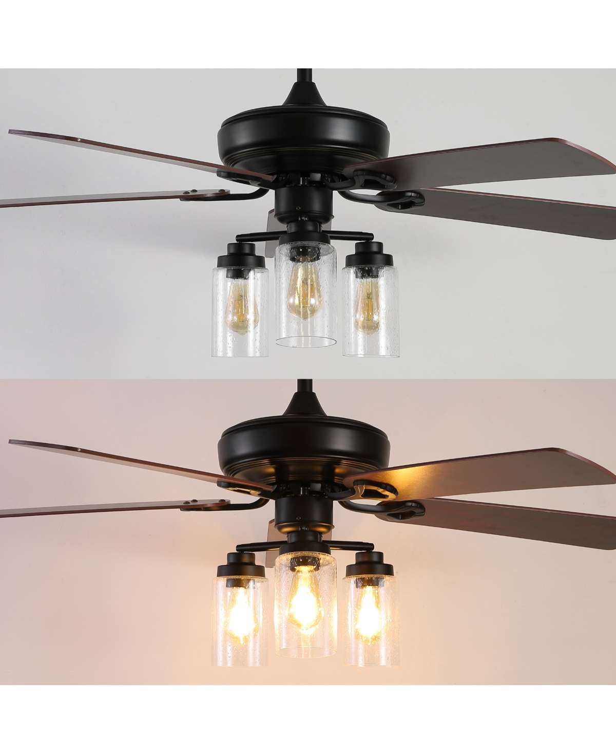 Lucas 3-Light Rustic Industrial Iron, Wood, Seeded Glass Mobile-App, Remote-Controlled Led Ceiling Fan