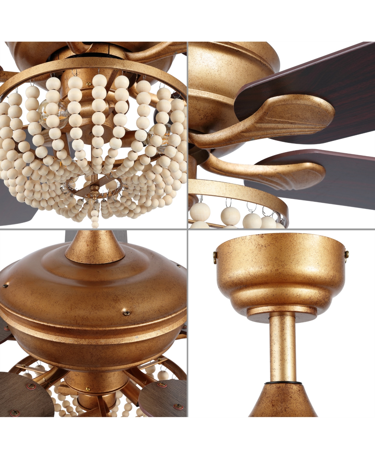 Erin 3-Light Rustic Farmhouse Iron, Wood Bead Mobile-App, Remote-Controlled Led Ceiling Fan - Antique-like Gold Painting, Light Brown