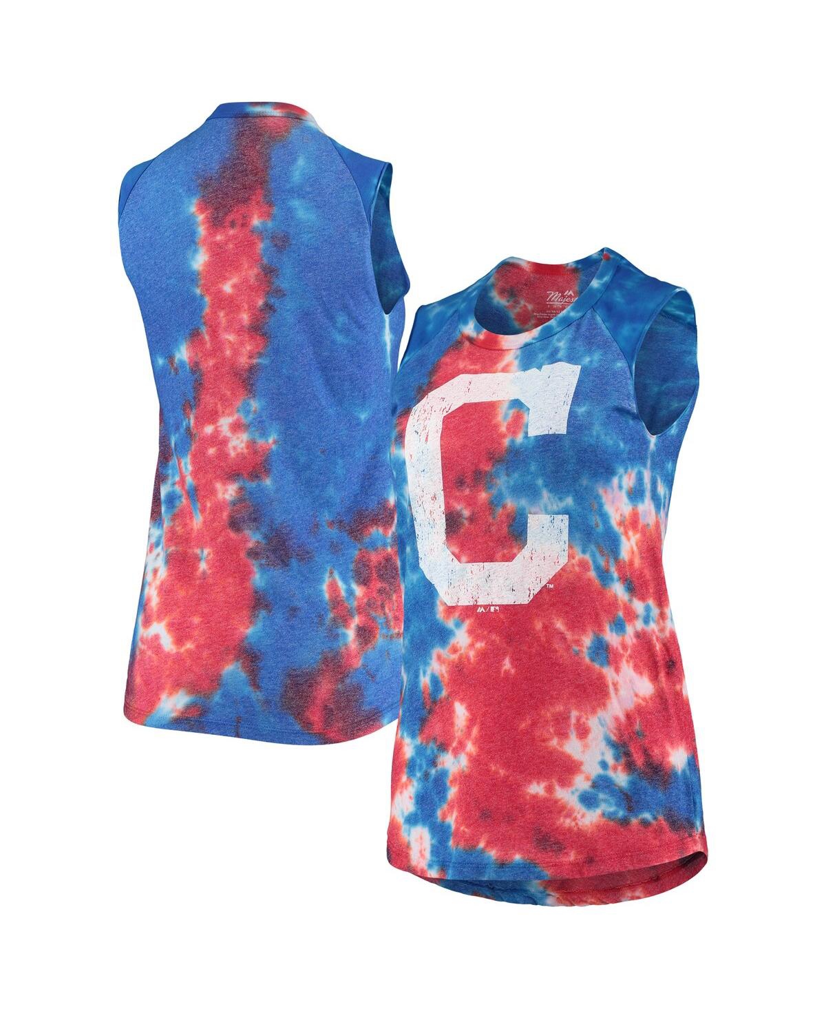 Majestic Women's  Threads Red, Blue Cleveland Indians Tie-dye Tri-blend Muscle Tank Top In Red,blue