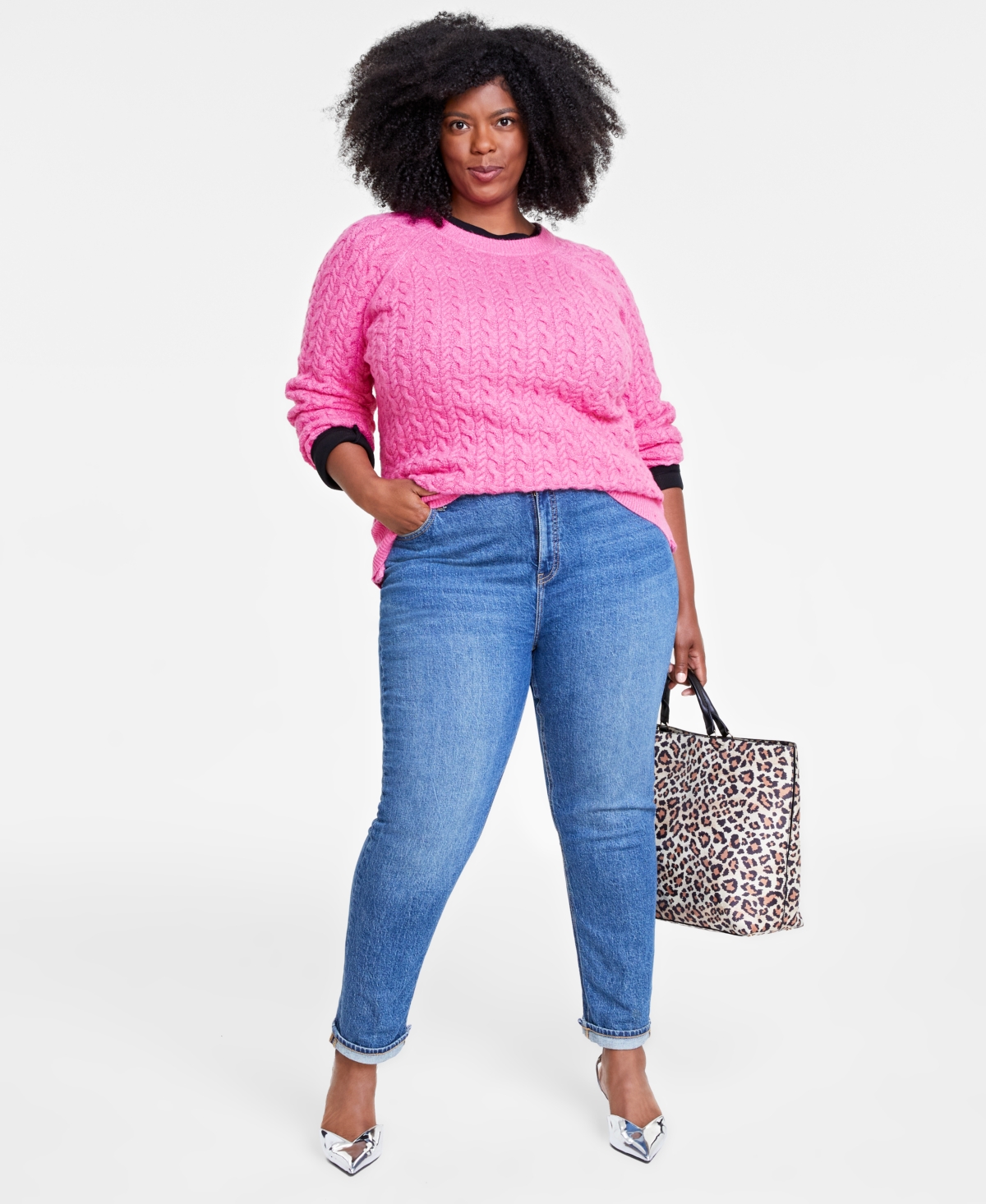 On 34th Plus Size Perfect Cable-knit Crewneck Sweater, Created For Macy's In Azalea Pink