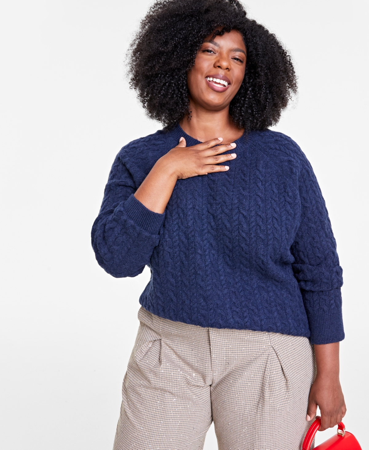On 34th Plus Size Perfect Cable-knit Crewneck Sweater, Created For Macy's In Intrepid Blue