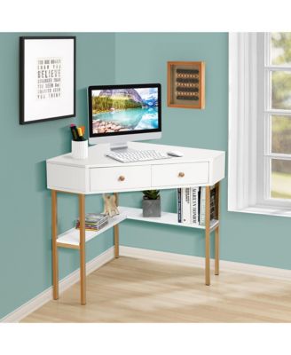 Corner Computer Desk Writing Workstation Study Desk w/ 2 Drawers
