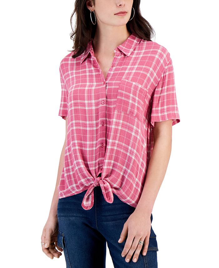 Hippie Rose Juniors' Plaid Tie-Front Button-Down Shirt - Macy's