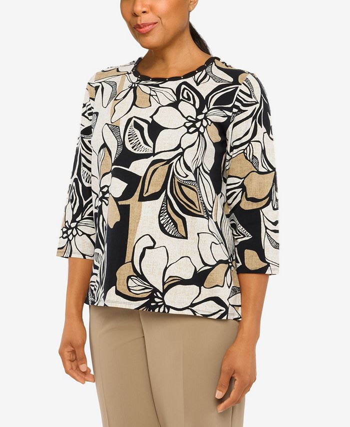 Alfred Dunner Petite Marrakech Abstract Floral Embroidered Twist Crew ...