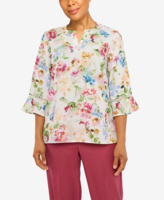 Alfred Dunner Women's Scenic Top - 3/4 Sleeve Knit Blouse With Asymmetrical Hem & Jewel Neckline - View #3