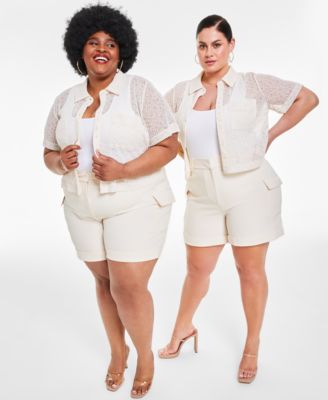Nina Parker Trendy Plus Size Embroidered Mesh Top High Rise Cargo Utility Shorts In Oat Latte