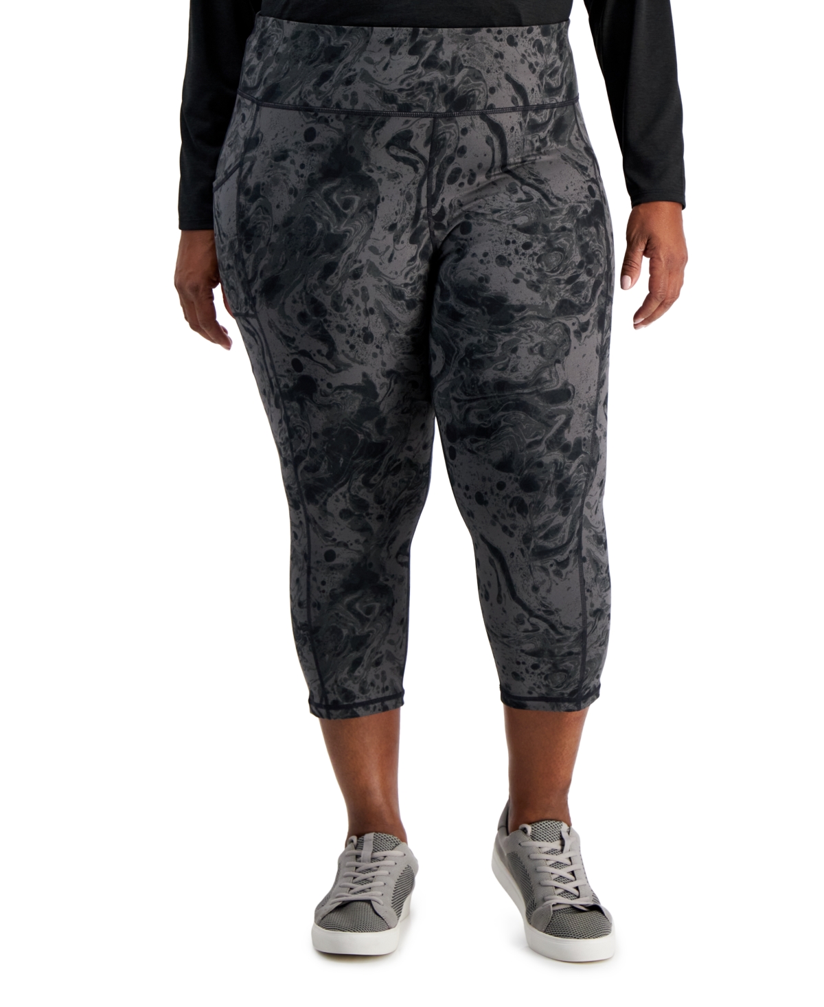 Id Ideology Plus Size Water Bubble Side-pocket Cropped Leggings, Created For Macy's In Deep Black
