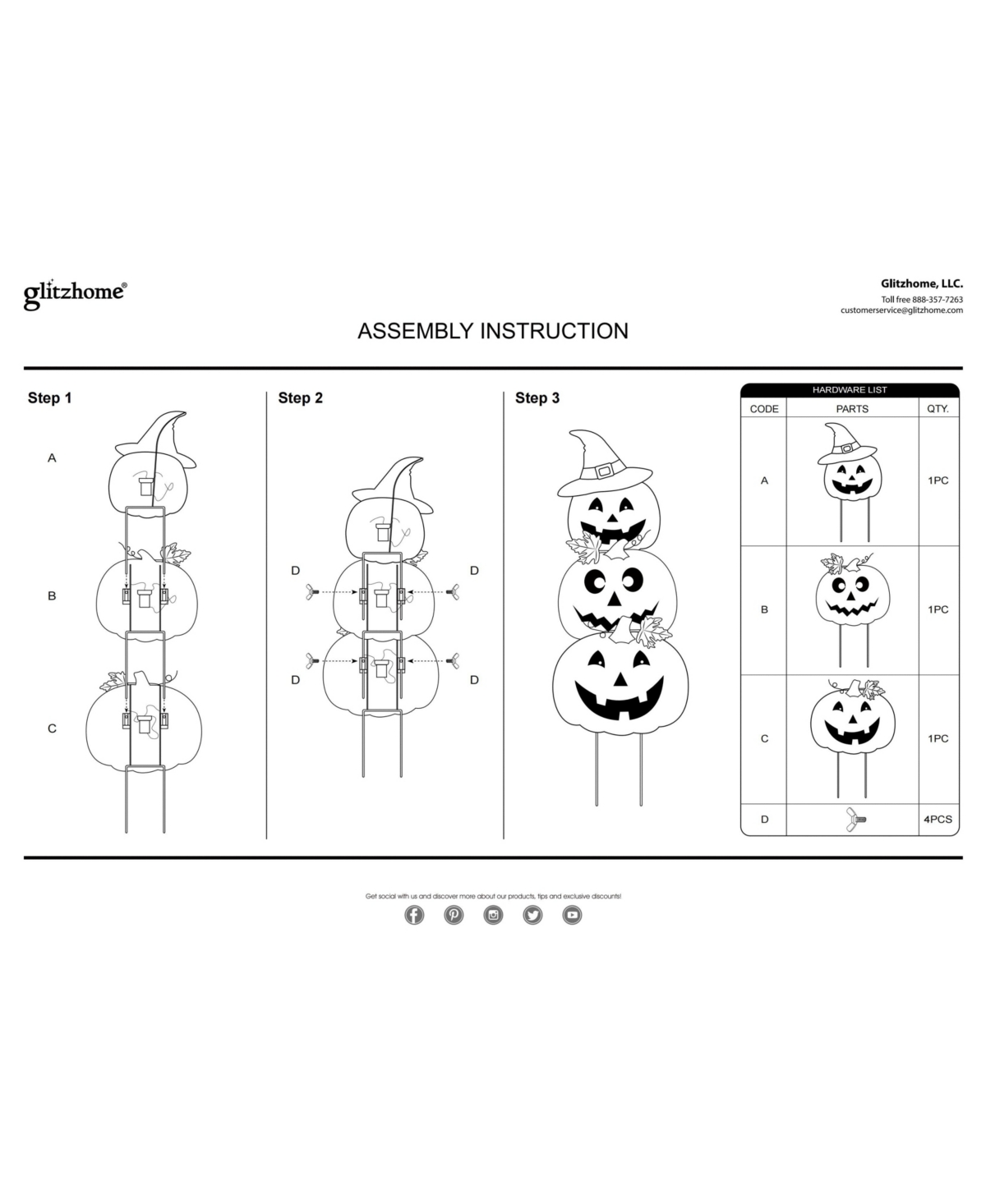 Glitzhome H Halloween Lighted Metal Stacked Jack-o-Lantern Yard Stake, Set of 3