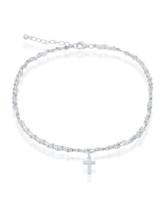 Sterling Silver Double Strand Mirror Chain w/ Cross Anklet