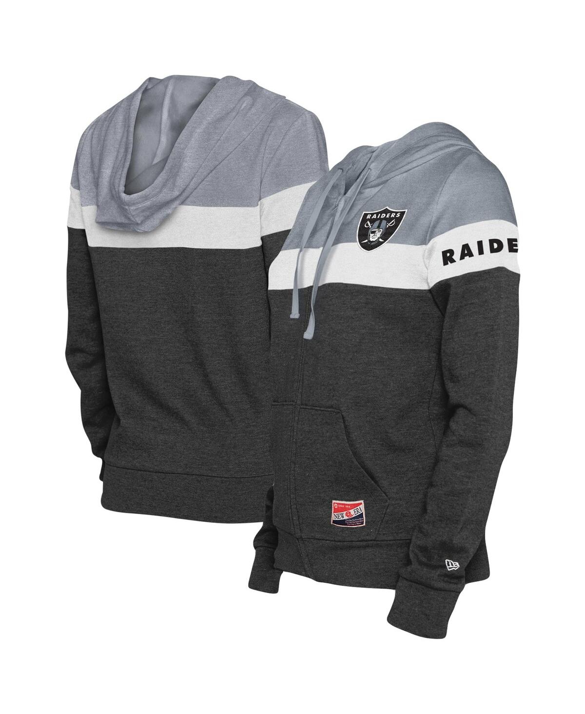 Shop New Era Women's  Black, Silver Las Vegas Raiders Throwback Colorblock Full-zip Hoodie In Black,silver