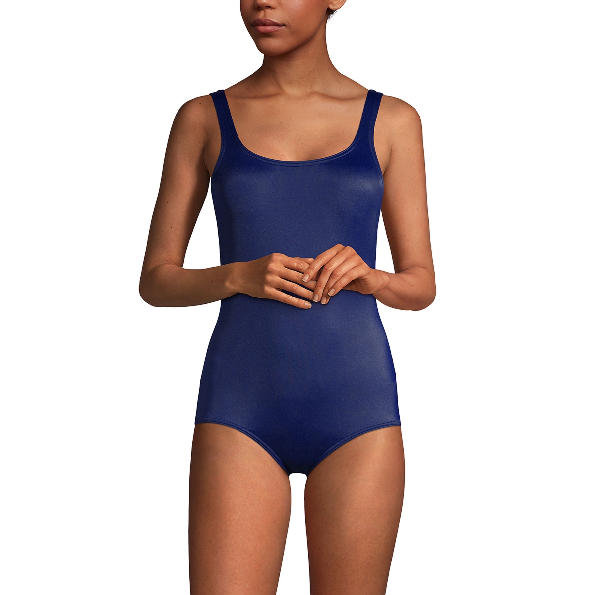 Women's Scoop Neck Soft Cup Tugless Sporty One Piece Swimsuit - Navy/electric blue mix