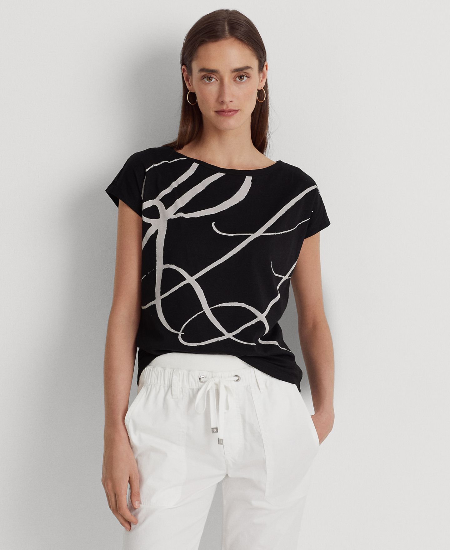 Женский топ Lauren Ralph Lauren Logo-Print Short-Sleeve Top, цвет: Чёрный — фото 1