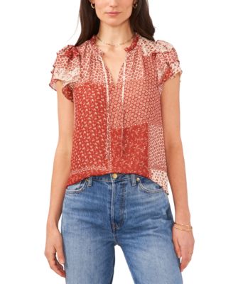 1.STATE - Women's Printed Tie-Neck Flutter-Sleeve Top