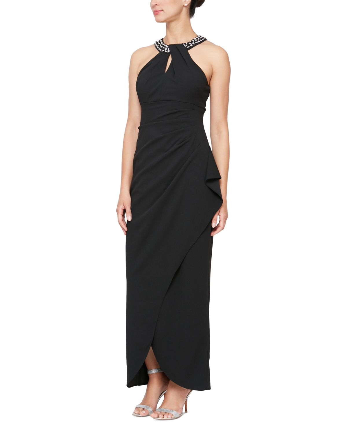 Petite Embellished-Neck Sleeveless Dress - Black