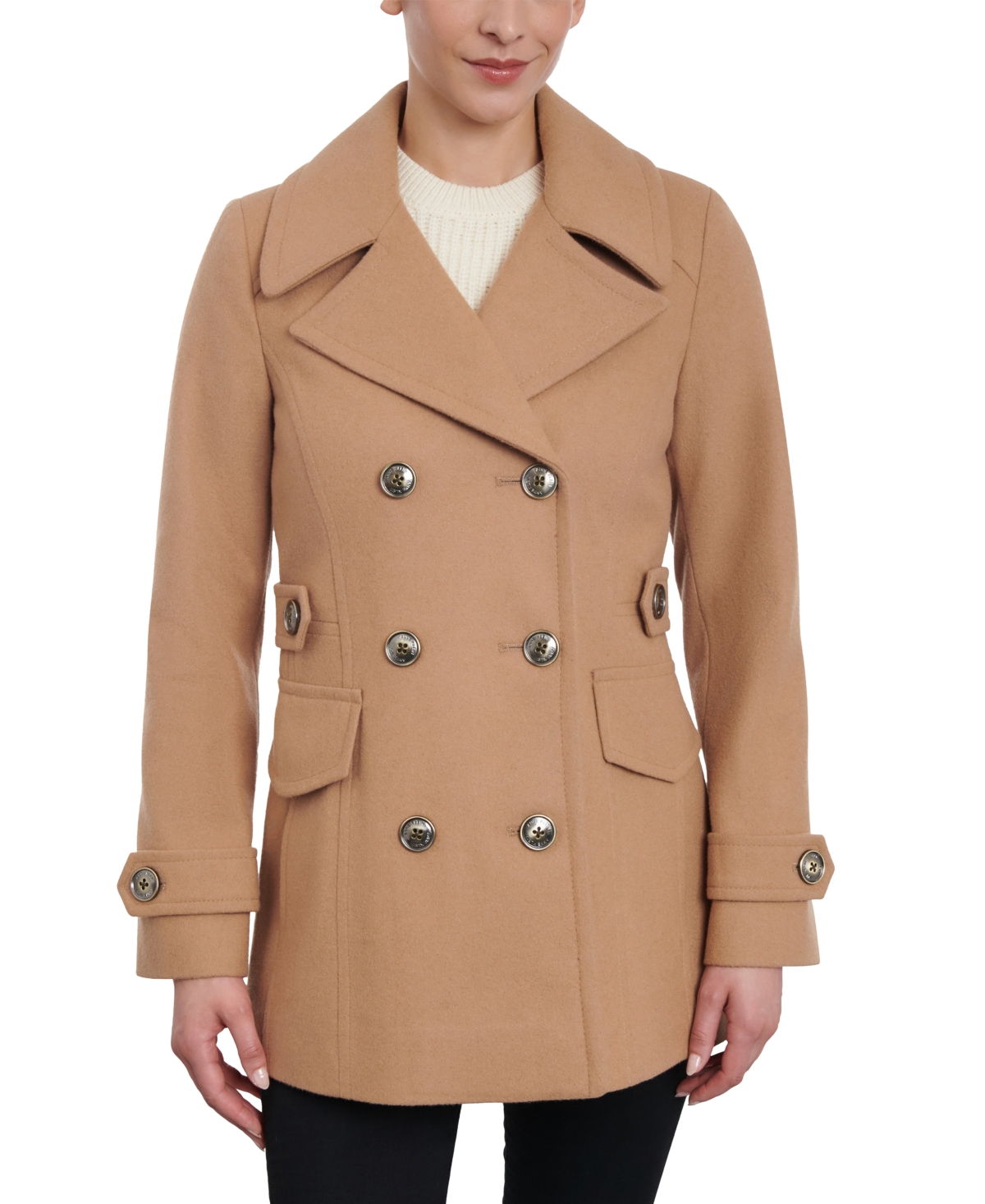 Anne Klein Women's Double-breasted Wool Blend Peacoat, Created For Macy's In Camel