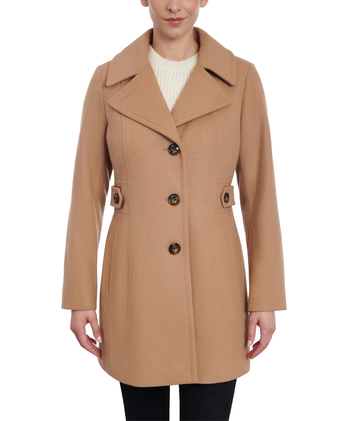 Anne Klein Women s Petite Single Breasted Notched Collar Peacoat Created for Macy s Camel Smart Closet