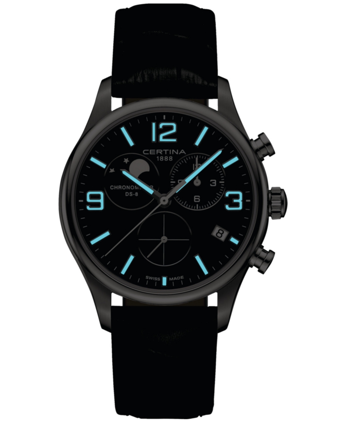 CERTINA MEN'S SWISS CHRONOGRAPH DS-8 MOON PHASE BLACK LEATHER STRAP WATCH 42MM 