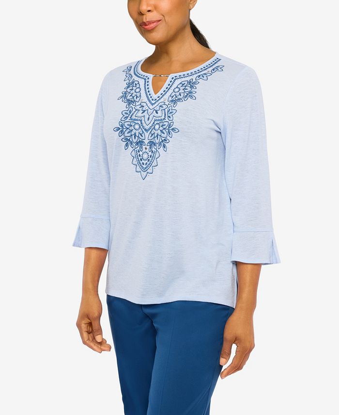 Alfred Dunner Women's Scenic Drive Split Neck Medallion Embroidery Mini Stripe Top & Reviews