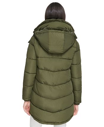 DKNY Women’s Parka Coat Faux Fur Trim Hood Front Zipper & Snaps Black Size  XS
