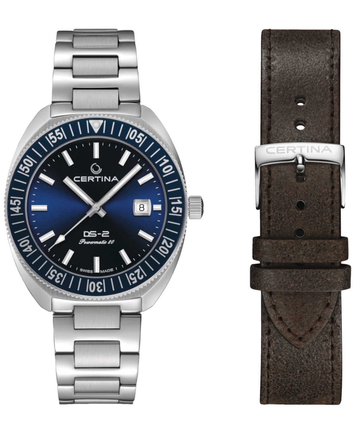 Certina Men's Swiss Automatic Ds-2 Stainless Steel Bracelet & Brown Leather Strap Watch 41mm Gift Set