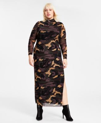 Bar III - Plus Size Printed Mesh Mock-Turtleneck Maxi Dress