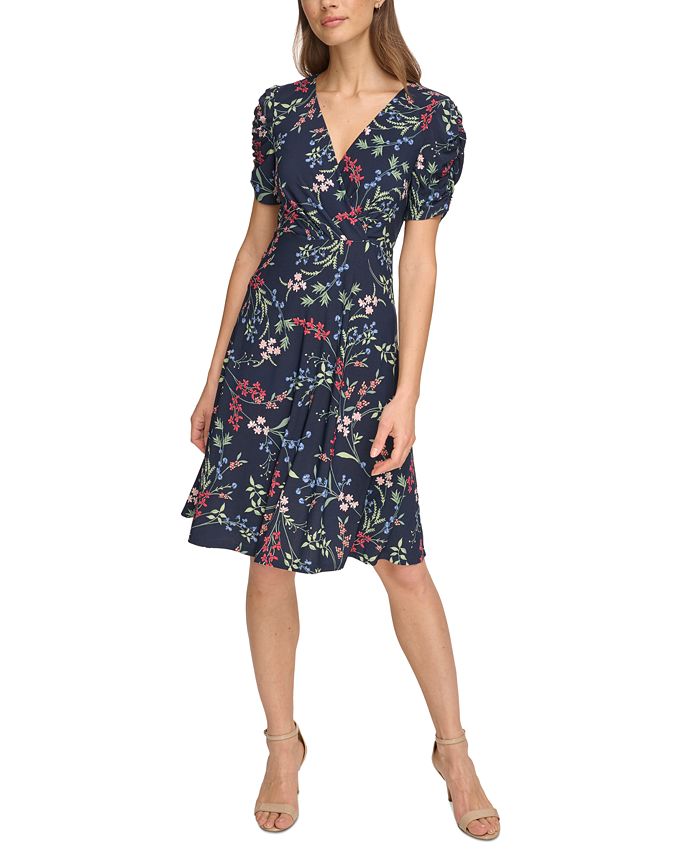 Tommy Hilfiger Petite Floral-Print Ruched-Sleeve Dress - Macy's