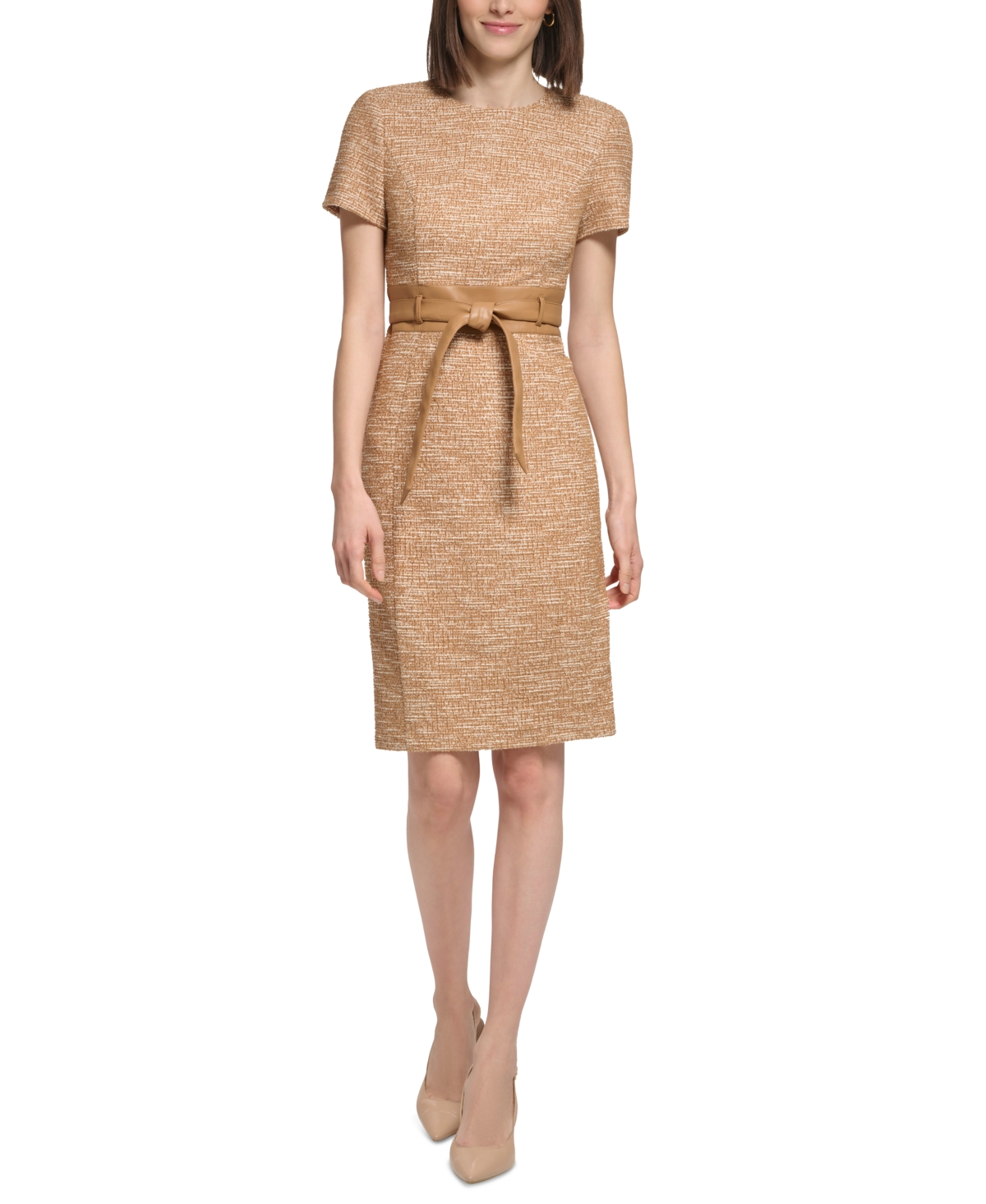 Calvin Klein Women s Tweed Belted Sheath Dress In Luggage Cream
