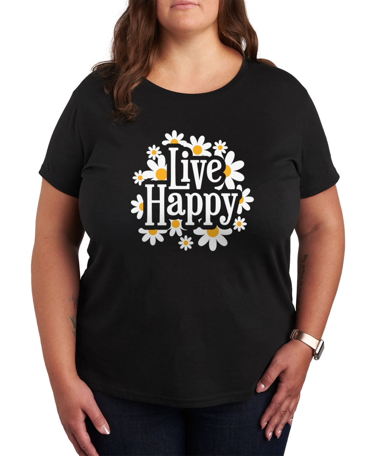 Air Waves Trendy Plus Size Live Happy Graphic T-shirt In Black