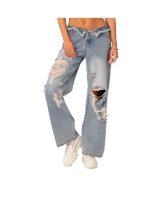 Women's Foldover Waist Jeans With Row Hem And Distressed Details