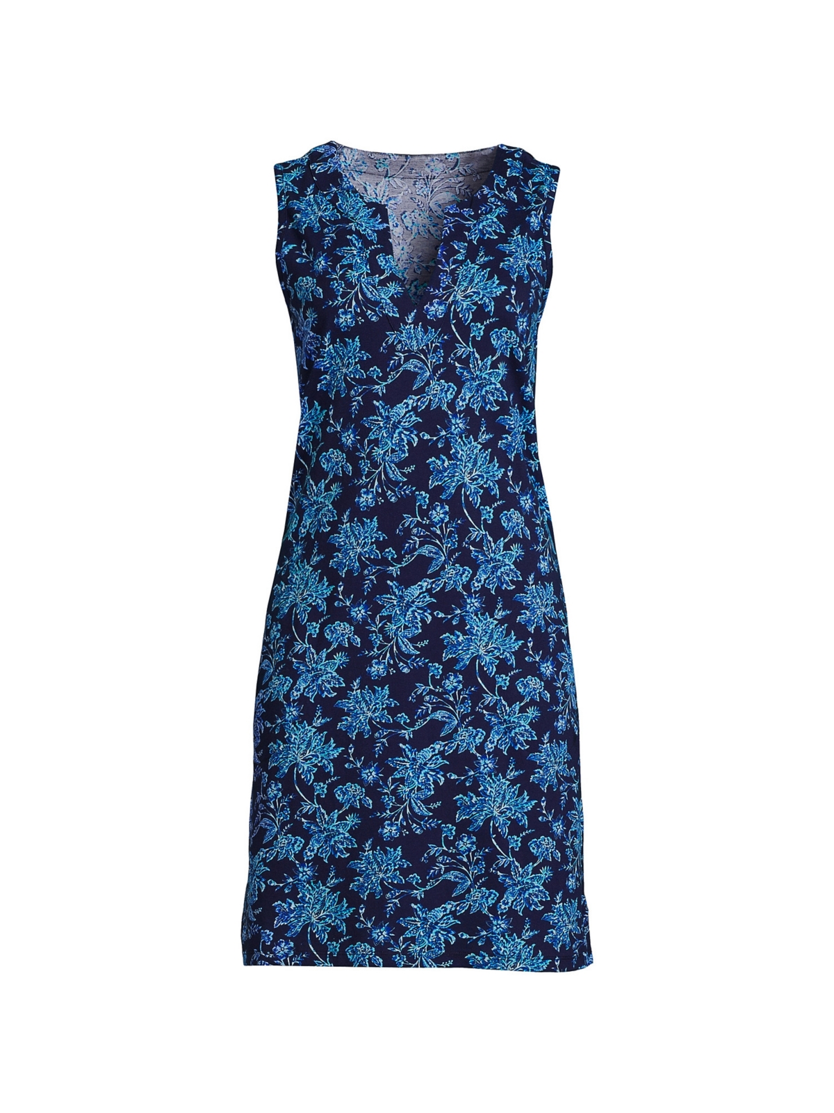 lands' end women's cotton jersey sleeveless swim cover-up dress Plus Size Print In Deep Sea Navy Jacobean vt::Dresses::Dress Style::Slip Dress