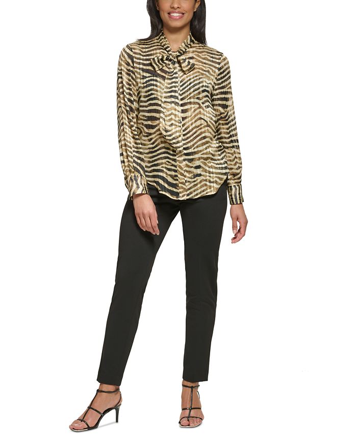 DKNY Petite Button-Front Tie-Neck Blouse, Created for Macy's - Macy's
