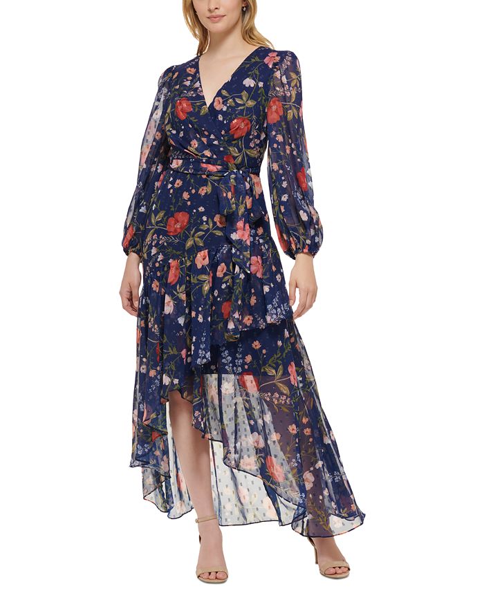 Eliza J Women's Floral-Print High-Low Clip-Dot Dress - Macy's