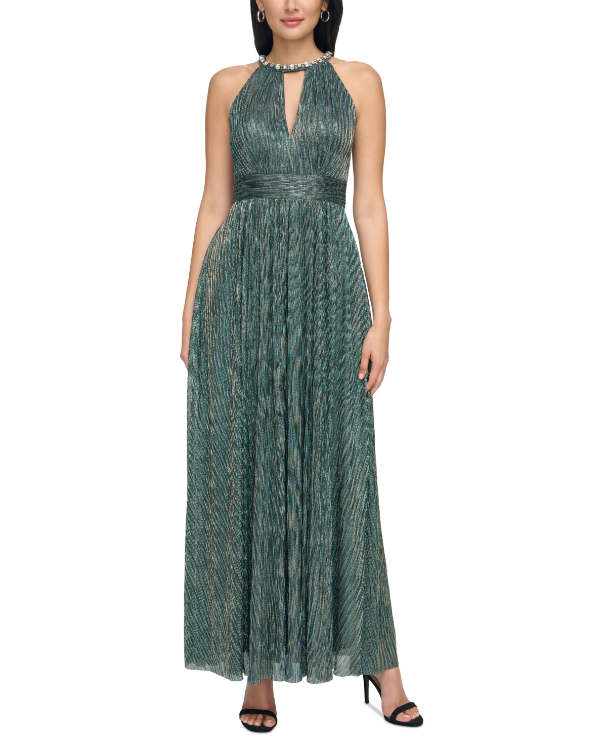 70s Prom, Formal, Evening, Party Dresses Eliza J Womens Metallic Beaded Halter-Neck Gown - Tea $228.00 AT vintagedancer.com