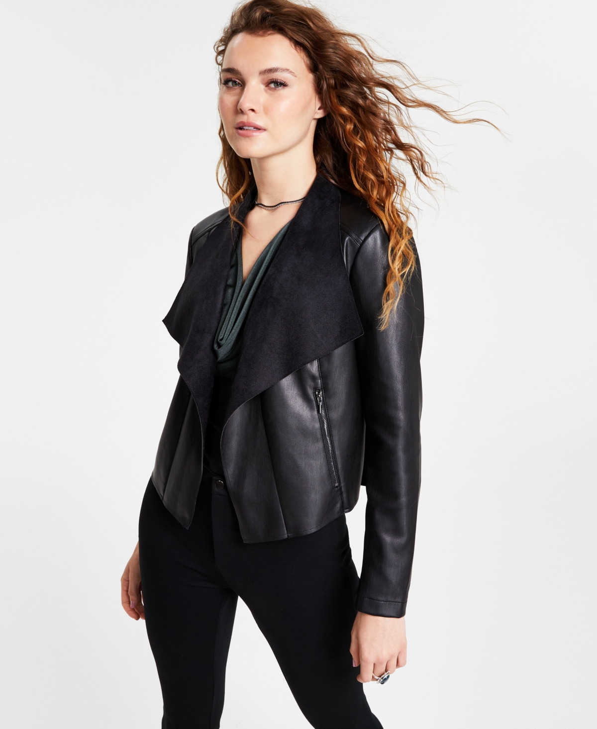 Women's Faux-Leather Flyaway Jacket, Created for Macy's - Deep Black