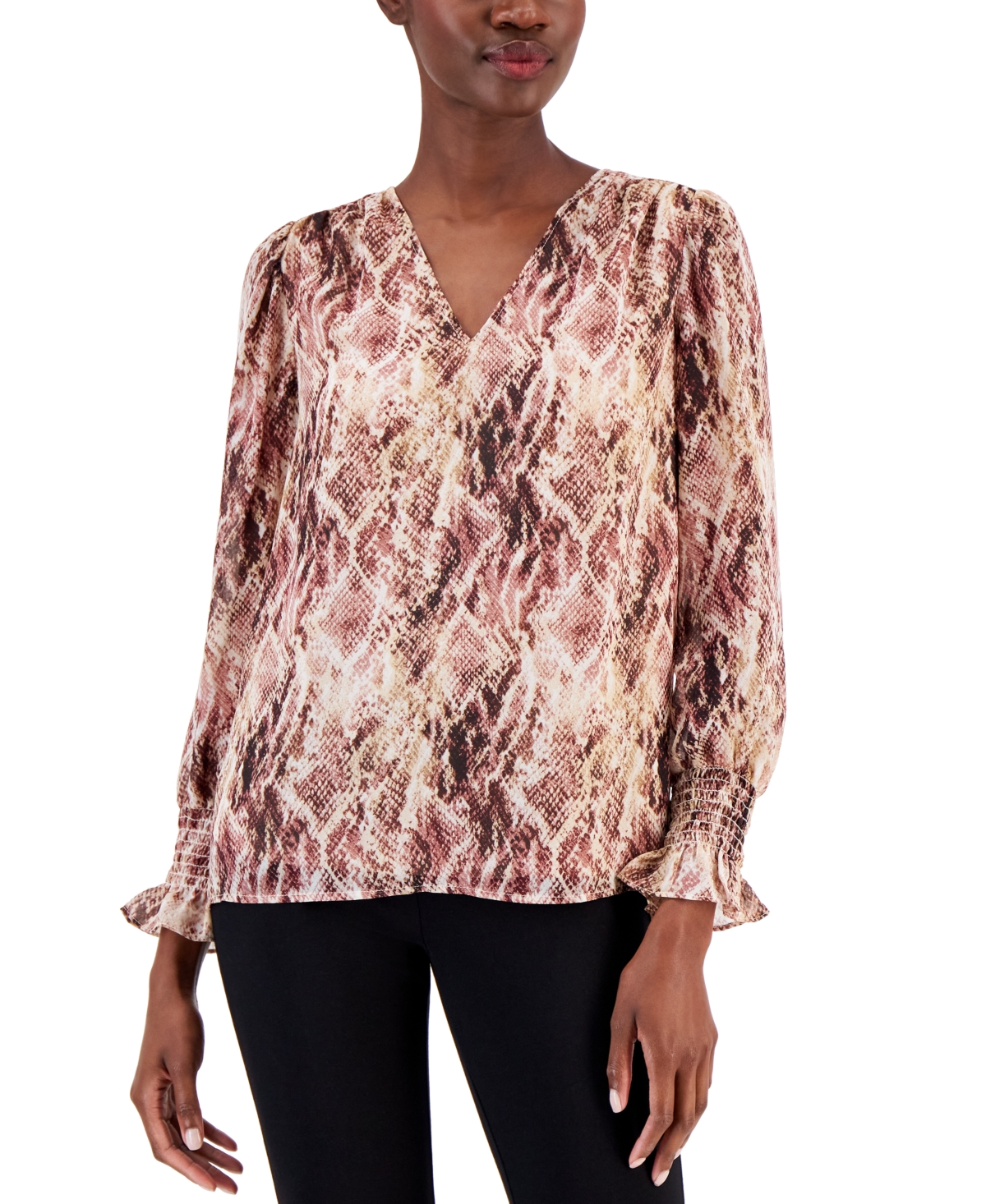 Anne Klein Women's Printed V-neck Smocked Cuff Top In Rose Stone Multi