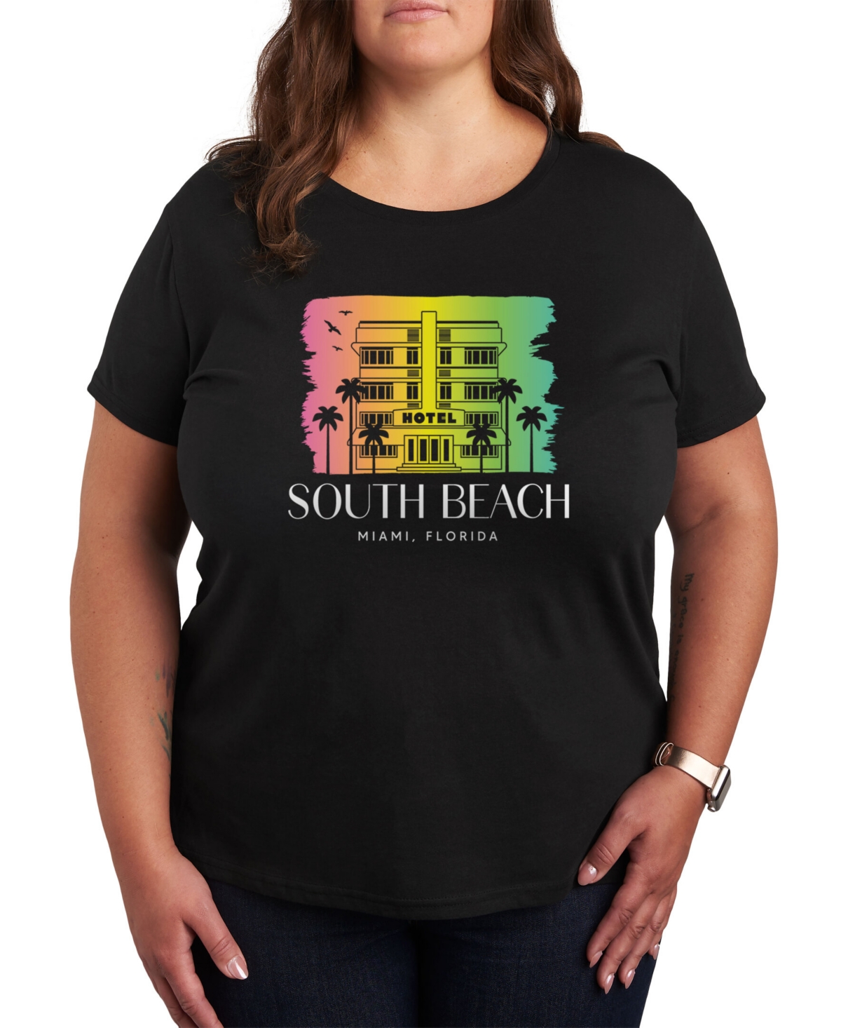 Air Waves Trendy Plus Size South Beach Graphic T-shirt In Black