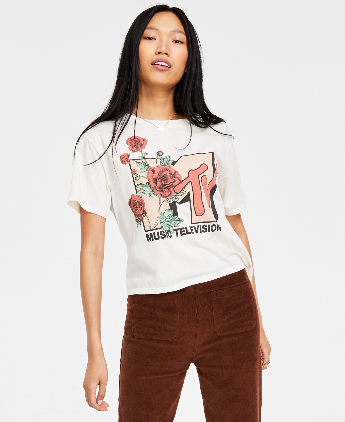 Juniors' Mtv Floral Short-Sleeve Cropped T-Shirt - Birch