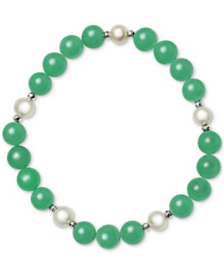Dyed Green Jade, Cultured Freshwater Pearl (8mm) & Hematite Stretch