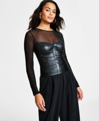 Bar III - Women's Mesh & Faux-Leather Corset Top