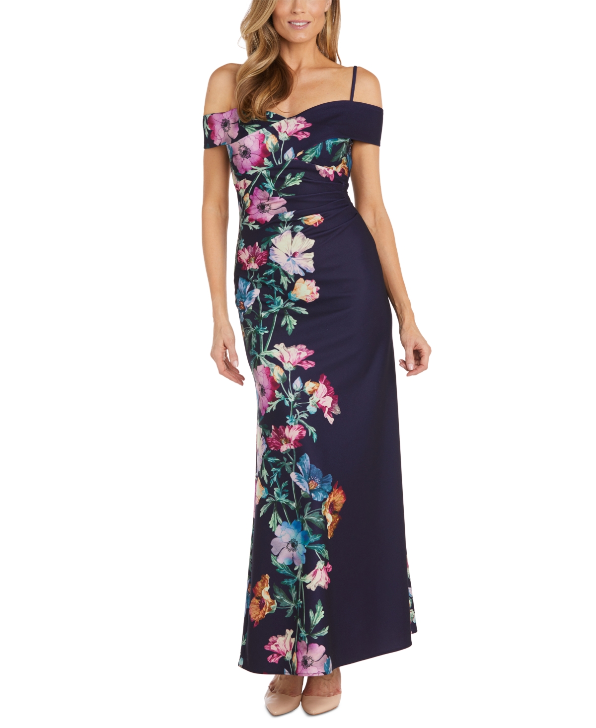 Nightway Women's Placed Floral-print Off-the-shoulder Gown In Navy Multi