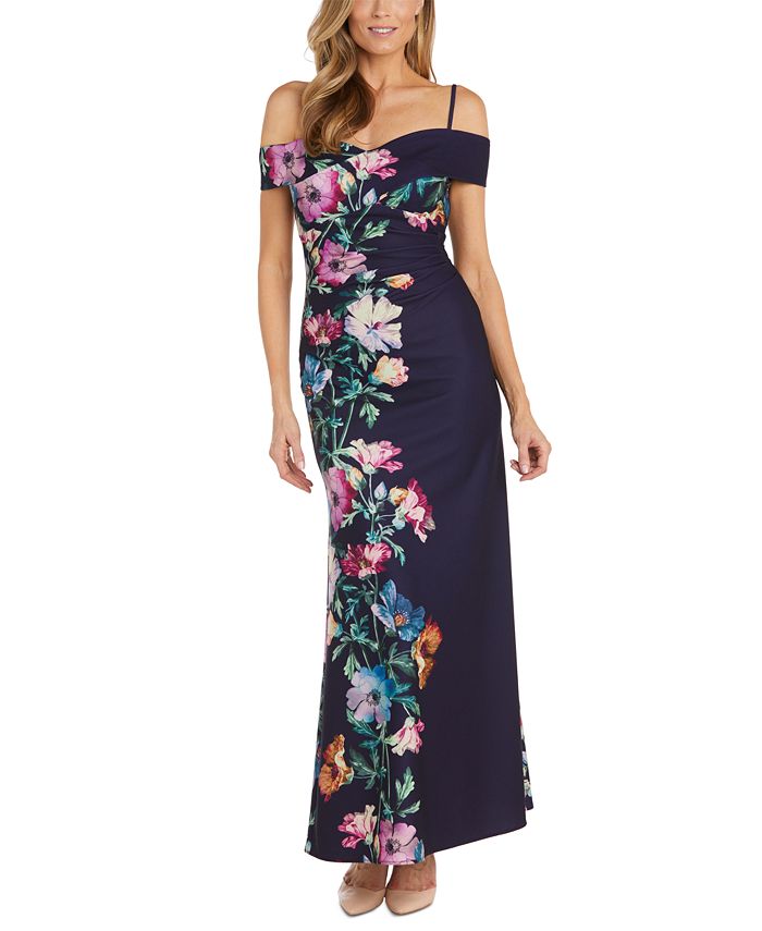 Nightway Women's Placed Floral-Print Off-The-Shoulder Gown - Macy's