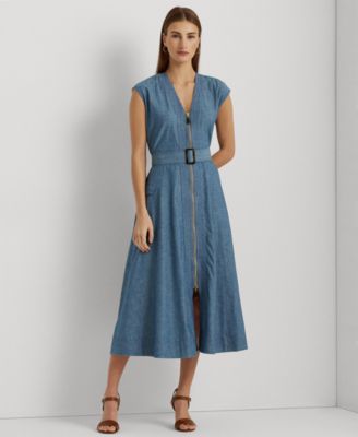 Lauren Ralph Lauren - Women's Belted Denim Cap-Sleeve Dress
