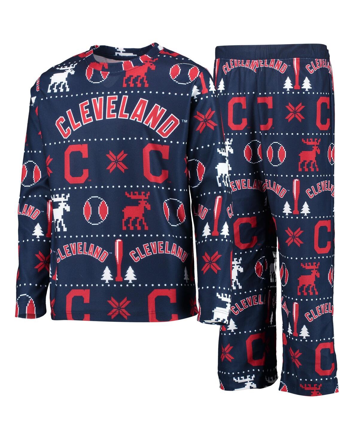 Outerstuff Kids' Big Boys Navy Cleveland Guardians Allover Print Long Sleeve T-shirt And Pants Sleep Set