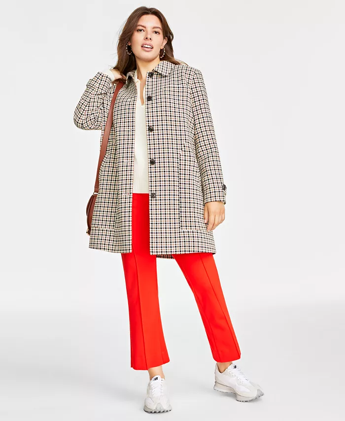 Women's Checked Car Coat, Folded Collar V-Neck Sweater & Ankle Flare Pants, Created for Macy's