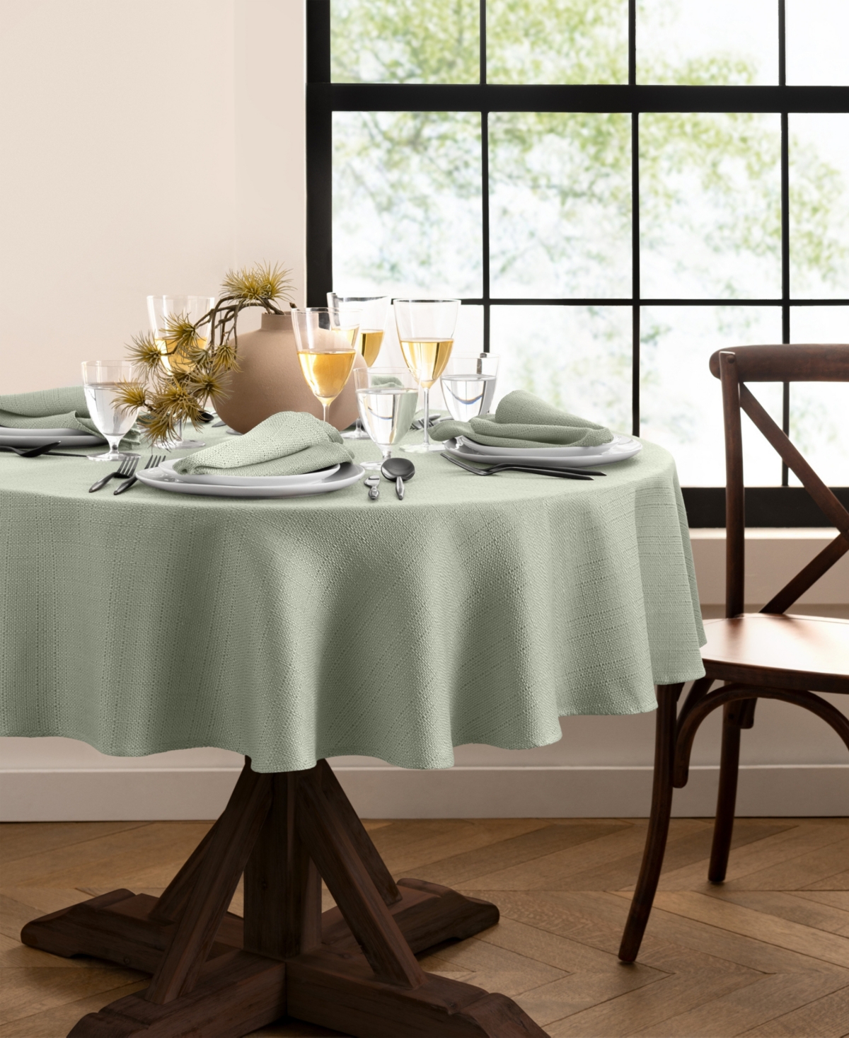 Elrene Laurel Solid Texture Water And Stain Resistant Tablecloth, 90" Round In Sage